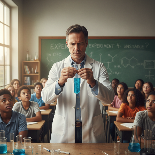 En mandlig gymnasielærer i kittel oplever en let rysten i hænderne mens han holder et prøverør i et klasselokale, med elever i baggrunden.