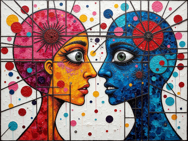 Et abstrakt kunstværk, der viser sammenflettede linjer og farver, der symboliserer dialog, konflikt og følelsesmæssig udveksling i relationer.