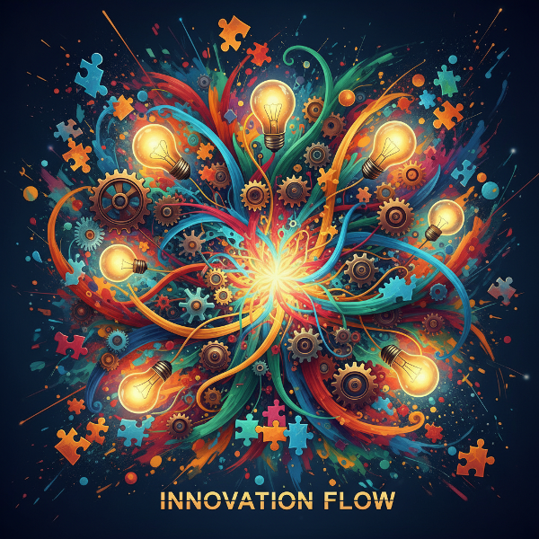 Et abstrakt billede af en kreativ storm med forgrenede idéer, pærer og tandhjul i levende farver.