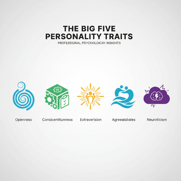 En infografisk illustration af de fem personlighedstræk fra Big Five-modellen, vist som farverige, abstrakte symboler i et moderne design.