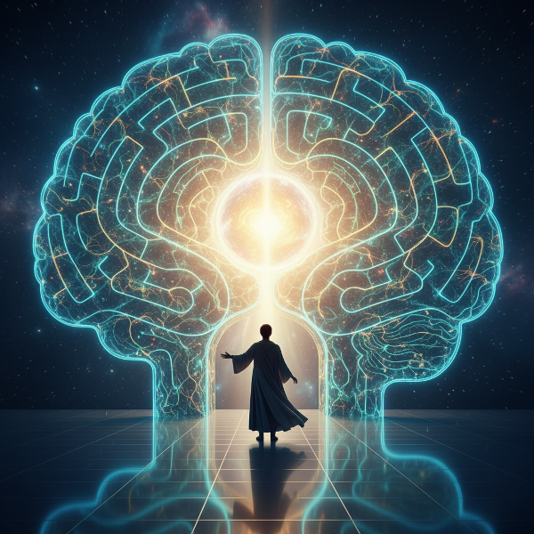Et billede af en labyrint formet som en hjerne, hvor en person står foran indgangen. Glødende stier repræsenterer kognitive tankebaner.
