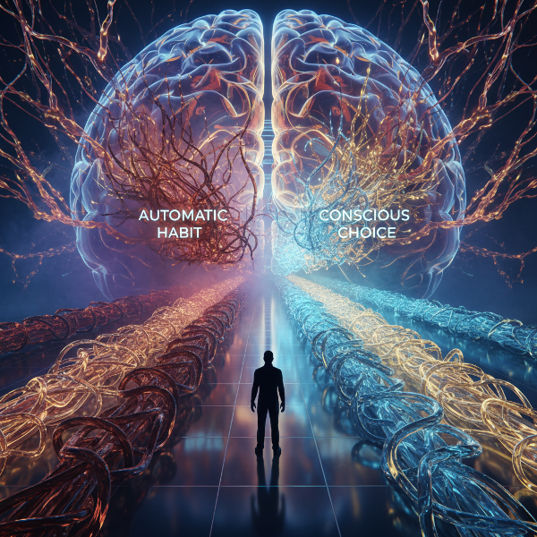 Et billede af en person ved et vejkryds af lysende neuronale baner i hjernen, hvor nogle stier er klare og andre uklare, som symbol på bevidste valg og automatiske vaner.