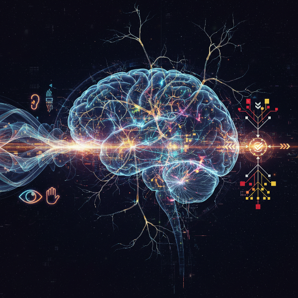 Et abstrakt billede af en hjerne med tændende neuroner, omgivet af bølgende mønstre og farver, der symboliserer eksterne stimuli og kognitiv behandling.