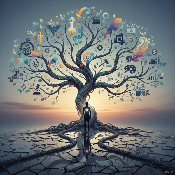 Et billede af en person ved et vejkryds med flere karriereveje, der symboliserer arbejdsidentitet, balance og bevidste valg.