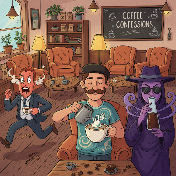 En humoristisk illustration af forskellige kaffepersonligheder i en hyggelig café.
