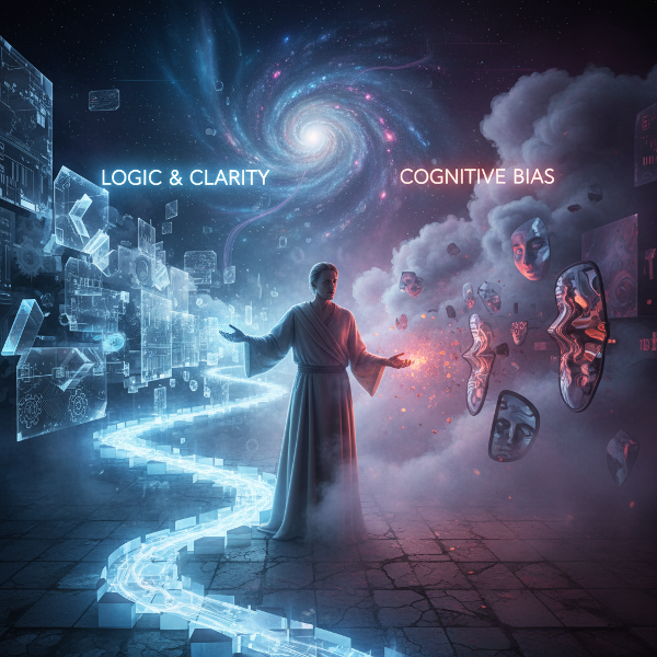 Et billede der viser en person ved et vejkryds mellem klar, logisk tænkning og tåget, skæv opfattelse, som en metafor for beslutningstagning.