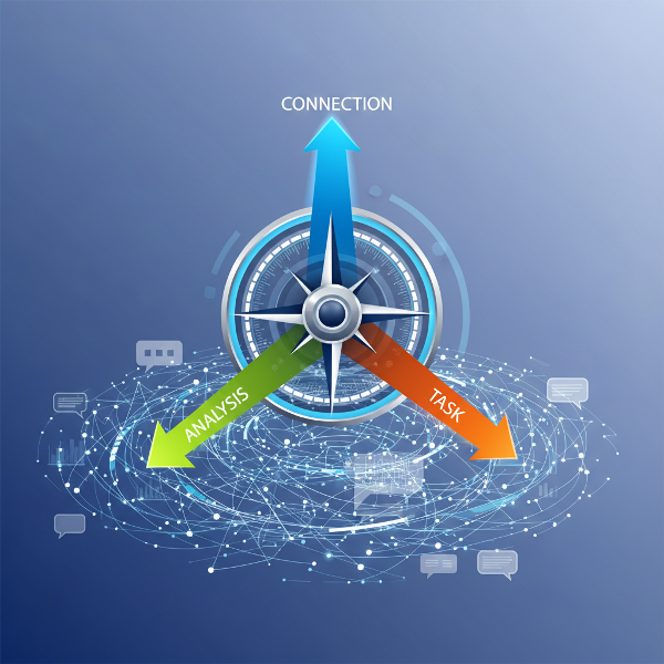 Et moderne kompas med pile, der repræsenterer kommunikationsstile, over et netværk af forbindelser og dialogbokse.