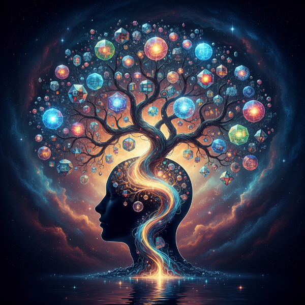 Et billede af et menneskes sind som et levende, forgrenet træ, hvor kreative idéer vokser som farverige frugter, der symboliserer strøm, fleksibilitet, originalitet og uddybning.