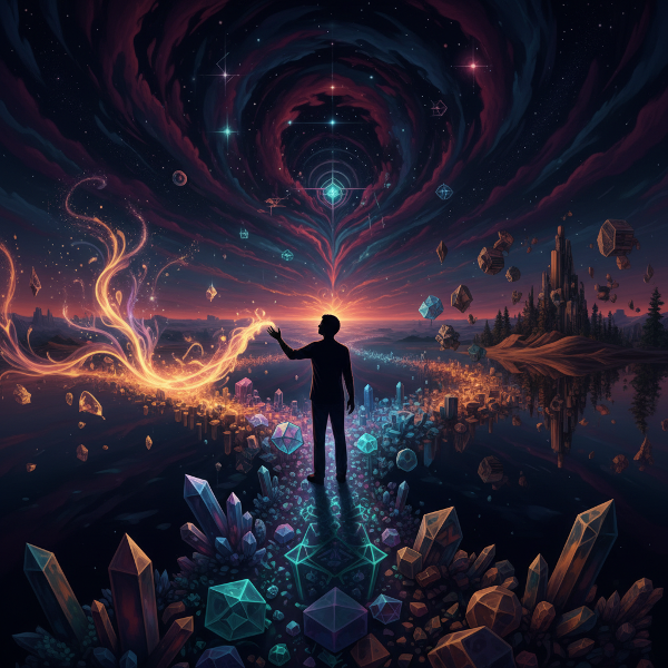 Et surrealistisk billede af en person ved et vejkryds med tre symbolsk fyldte stier, der repræsenterer intuition, logik og tilpasning.