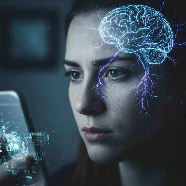 Et billede af en person, hvis ansigt er delvist oplyst af en telefon, og som viser en indre konflikt mellem digital afhængighed og bevidst kontrol, med glødende neurale baner i hjernen.