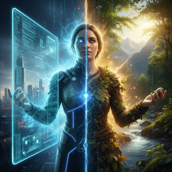 Et billede af en person delt mellem en glødende digital skærm og et naturligt miljø, der viser den indre konflikt og forbindelsen mellem online- og offline-identitet.