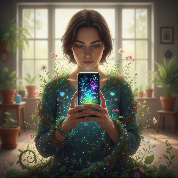 Et billede af en person, der betragter sit spejlbillede i en smartphoneskærm, hvor digitale ranker og blomster vokser ud fra enheden og ind i den virkelige verden, som symbol på sammenfiltringen af det digitale og analoge liv.