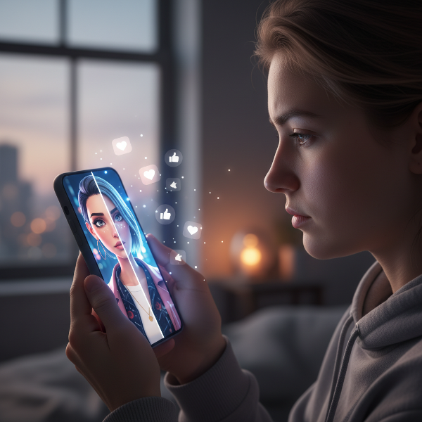 Et billede af en person, der betragter sit eget spejlbillede i en smartphone, med en splittet virkelighed, der viser den digitale og den fysiske identitet, omgivet af svage sociale medie-ikoner.