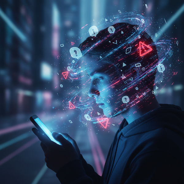 Et billede af en person, der betragter en smartphone, omgivet af digitale stresssymboler, som illustrerer balancen mellem teknologi og mentalt velbefindende.