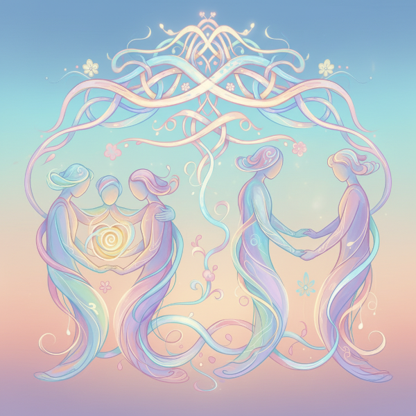 Et abstrakt billede med figurer og energilinjer, der symboliserer følelsesmæssige forbindelser og harmoniske relationer i bløde farver.