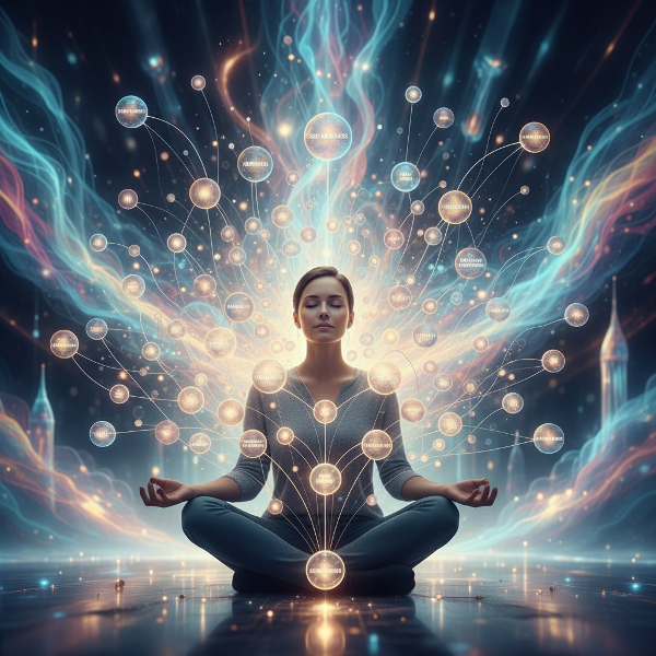 Et abstrakt billede af en person omgivet af glødende, forbundne noder, der symboliserer de fire elementer i følelsesmæssig intelligens, i et roligt og indadvendt miljø.