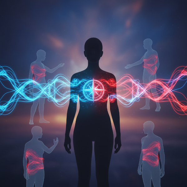 Et billede af en person med et følelsesmæssigt kompas i brystet, omgivet af abstrakte bølger af ro og pres, der interagerer med andre mennesker.