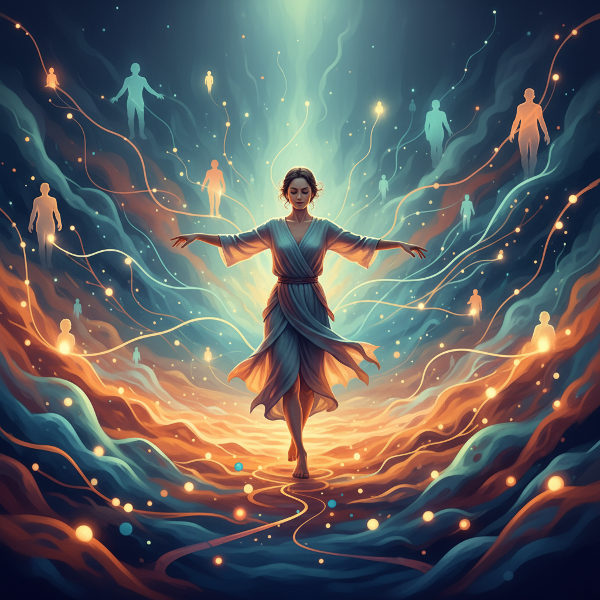 En person, der bevæger sig gennem et dynamisk, følelsesladet landskab med skiftende farver og sociale signaler.