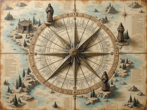 Et billede af et kompas, der peger gennem et landskab af gennemsigtige lag med familiearkitekturer, emotionelle rammer og arvede mønstre.