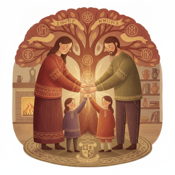 En varm illustration af en familie med forskellige generationer, der holder hinandens hænder i en cirkel, med baggrund af et solrigt landskab og traditionelle mønstre.