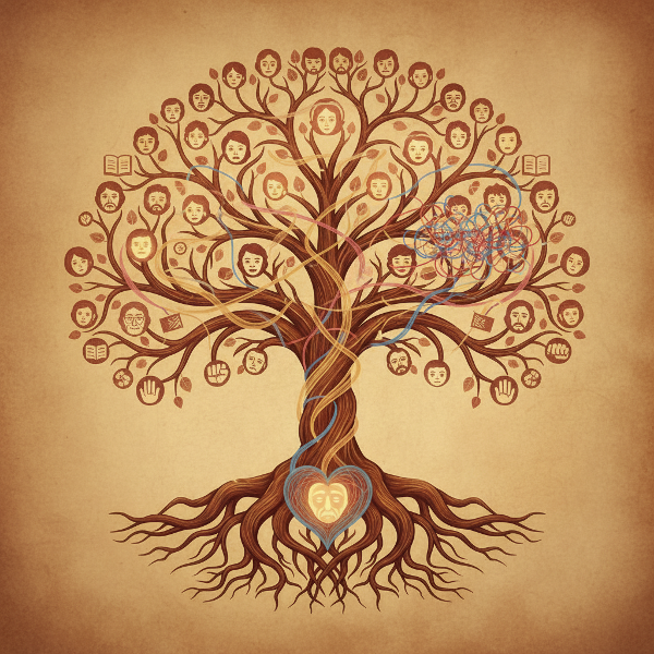 Et symbolsk familietræ med sammenflettede rødder og grene, der viser følelsesmæssige forbindelser og adfærdsmønstre, der går gennem generationer.