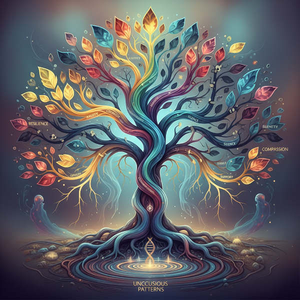 Et abstrakt symbolsk billede af en familie-træ med rødder og strømme, der viser følelsesmæssige arvestrømme og mønstre, der går gennem generationer.