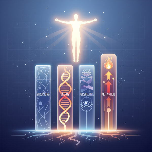 Et billede af fire søjler, der repræsenterer Struktur, Energi, Perspektiv og Motivering, som bærer en glødende menneskesilhouette i en abstrakt og moderne stil.