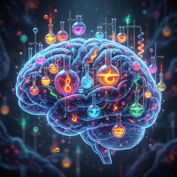 Et billede af en glødende hjerne som et personligt laboratorium, hvor farverige idéer dannes og udvikles i glaskolber og reagensglas.
