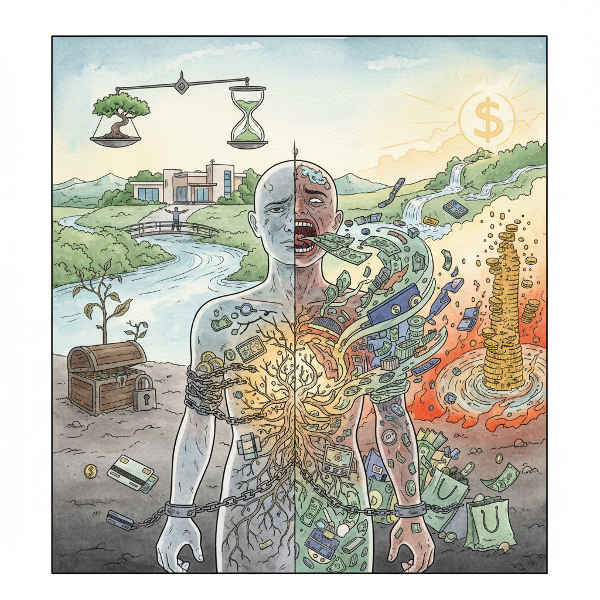 Et billede der symbolsk viser en persons skjulte følelser og overbevisninger om penge, med både tilbageholdenhed og overdreven forbrug, og en balanceret, stressfri økonomisk fremtid i baggrunden.