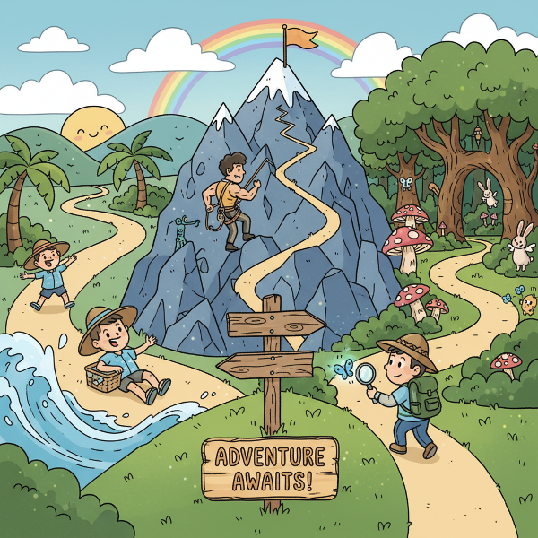 En farverig tegning, der viser tre forskellige vandrestier, der repræsenterer livsstilspersonligheder: strand, bjerg og skov.