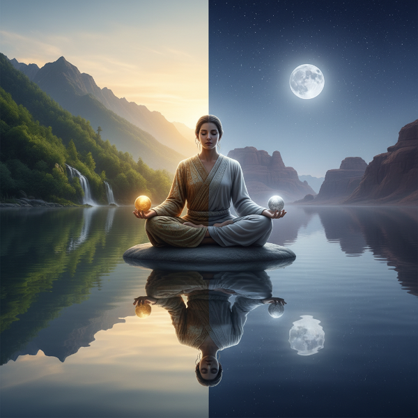 Et billede af en person i meditation i et afbalanceret, symmetrisk landskab med spejling, der symboliserer indre harmoni mellem selvopfattelse og handlinger.