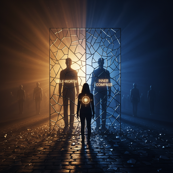 Et billede af en person ved et vejkryds af lys og skygge, der betragter sit eget spejlbillede i et spejl af fragmenteret glas, som symboliserer selvværd og indre kompas.