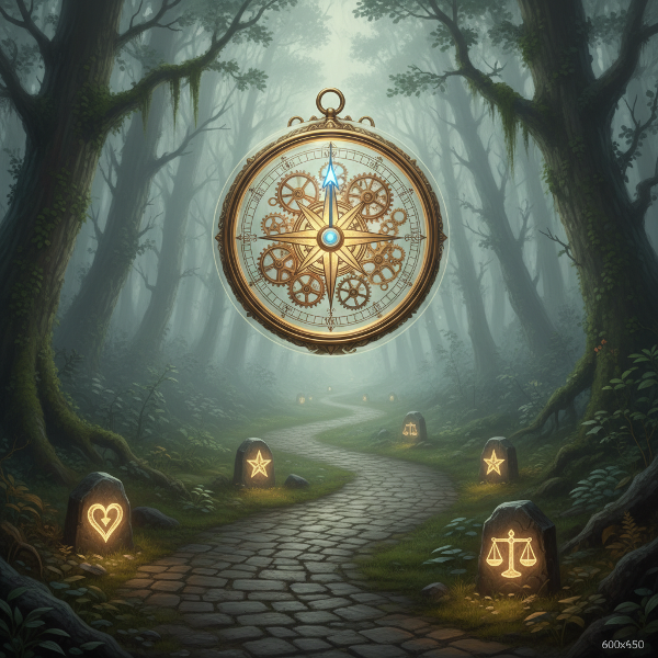 Et glødende kompas med indre tandhjul, der svæver over en snoet sti i en tåget skov. Kompasset udstråler et blødt lys, der belyser symboler for værdier langs stien.