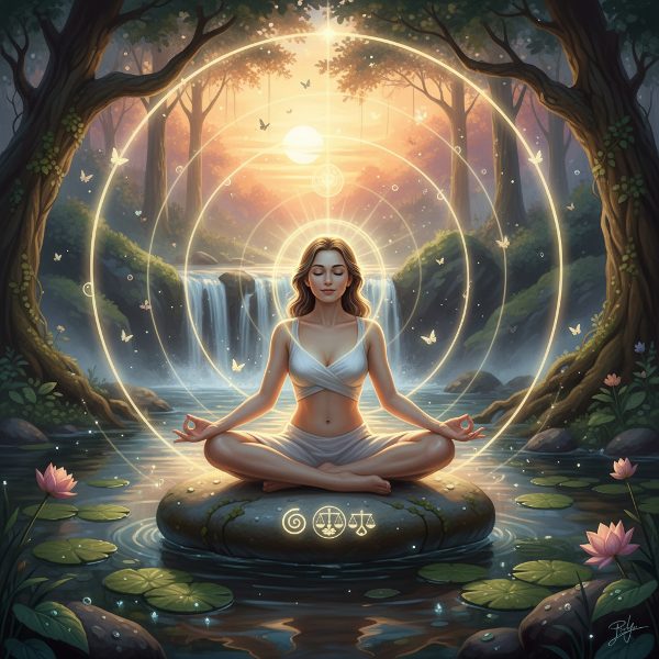Et billede af en person i meditation i en fredelig natur, omgivet af et varmt lys, der symboliserer indre balance og personlig vækst.