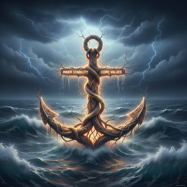 Et symbolsk anker af lys og rødder, der skinner i et stormfuldt hav, og repræsenterer indre stabilitet og kerneværdier i livets udfordringer.