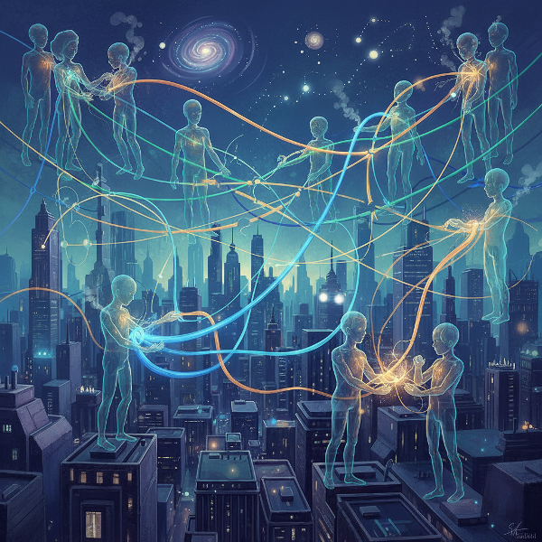 Et surrealistisk billede af usynlige, glødende tråde, der forbinder mennesker i en by og symboliserer sociale normer og aftaler.