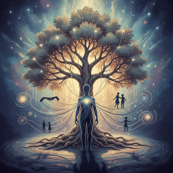 Et billede af usynlige tråde, der forbinder en familiehistorie til en persons nuværende liv og valg, med lys og skygge, der symboliserer arvede mønstre.