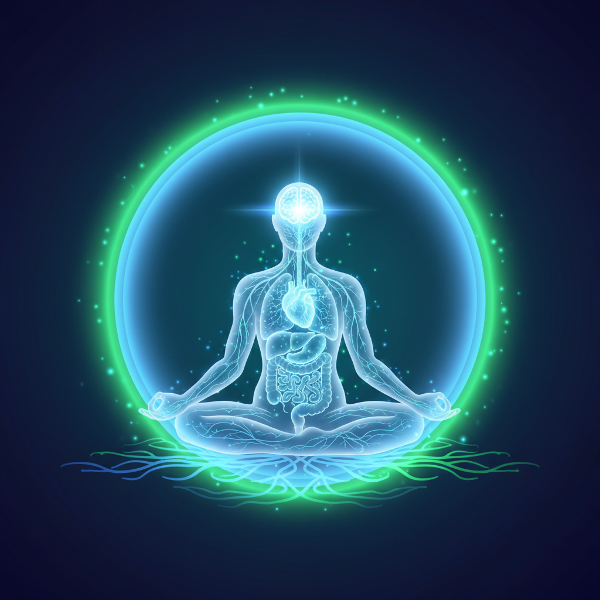 En illustration af sind-krop-forbindelsen med en menneskesilhuet, hvor neurale baner forbinder hjernen med hjertet og organer, omgivet af en afbalanceret aura af rolig blå og levende grøn energi.