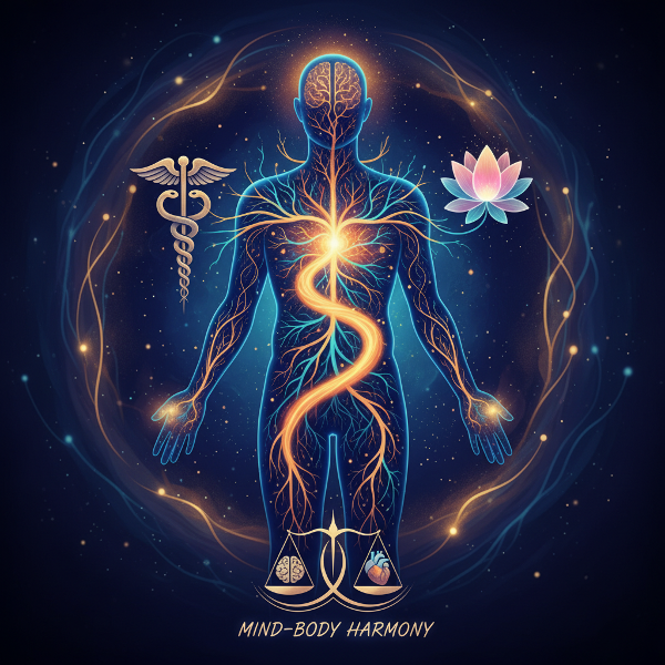 Et billede der viser en menneskesilhuet med sammenflettede neurale netværk og glødende energibaner, der symboliserer balance mellem psykisk og fysisk helbred.