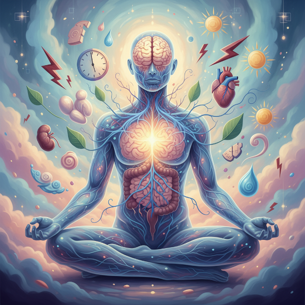 Et surrealistisk billede af en menneskekrop med gennemsigtig torso, der afslører en tænksom hjerne forbundet til kroppen med energibaner, omgivet af abstrakte symboler på balance og indre konflikt.