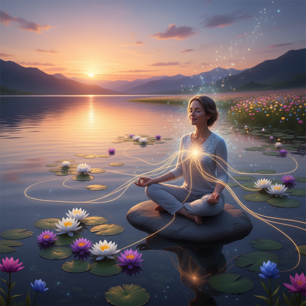 Et billede af en person i meditation i naturen, med energilinjer der forbinder sind og krop, og symboliserer balance og helbred.