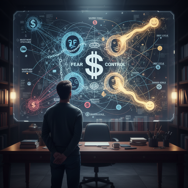 Et billede af en person, der betragter et komplekst tankekort, hvor pengesymboler smelter sammen med følelser som frygt, kontrol og glæde, som symbol på økonomisk psykologi.