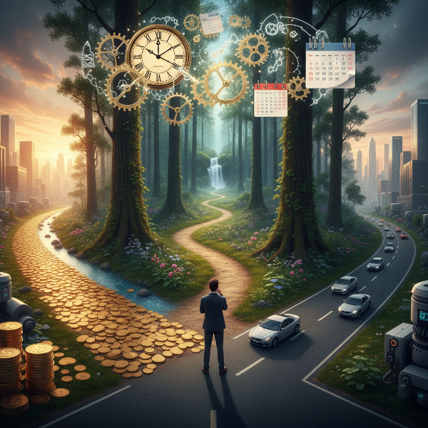 En person står ved et vejkryds med tre forskellige stier, der symboliserer ydre belønning, indre interesse og vanestruktur. Tidselementer illustrerer udsættelse og selvkontrol.