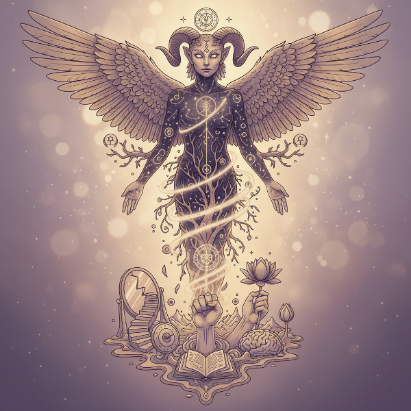 Et mystisk arketypisk vejlederskikkelse, der fremstår fra symbolsk billedsprog i en drømmeagtig atmosfære, der repræsenterer den indre psykologiske kraft.