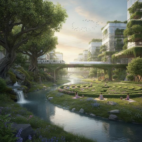 Et billede af en bypark med træer, blomster og en rolig sti, der forbinder byliv med naturens fred.
