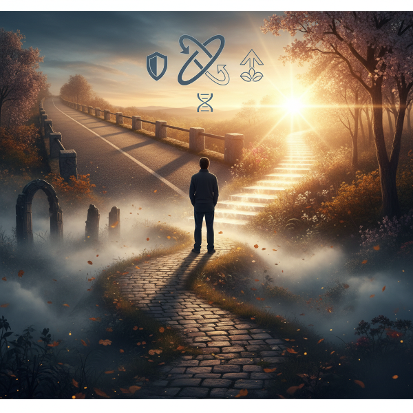 Et billede af en person ved et vejkryds med flere stier, der symboliserer forskellige måder at håndtere forandring på: stabilitet, tilpasning og vækst.