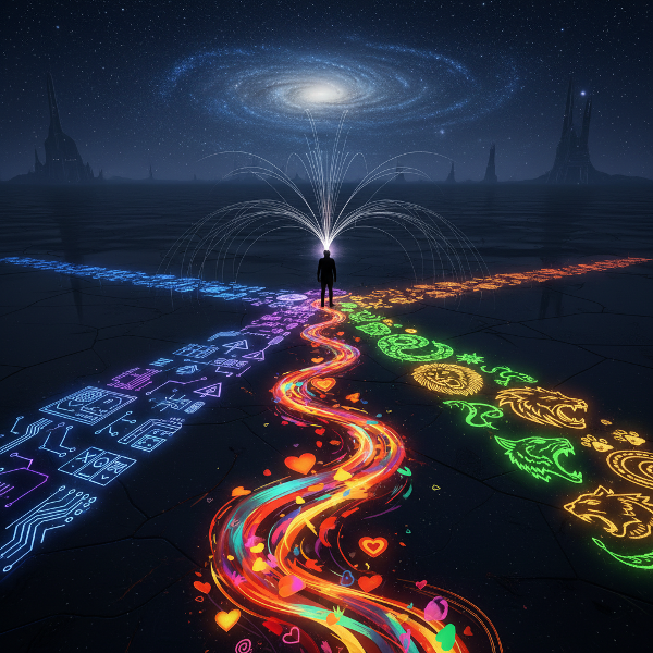 Et billede af en person, der står ved et vejkryds med tre forskellige, glødende stier, der repræsenterer logik, følelser og instinkt.