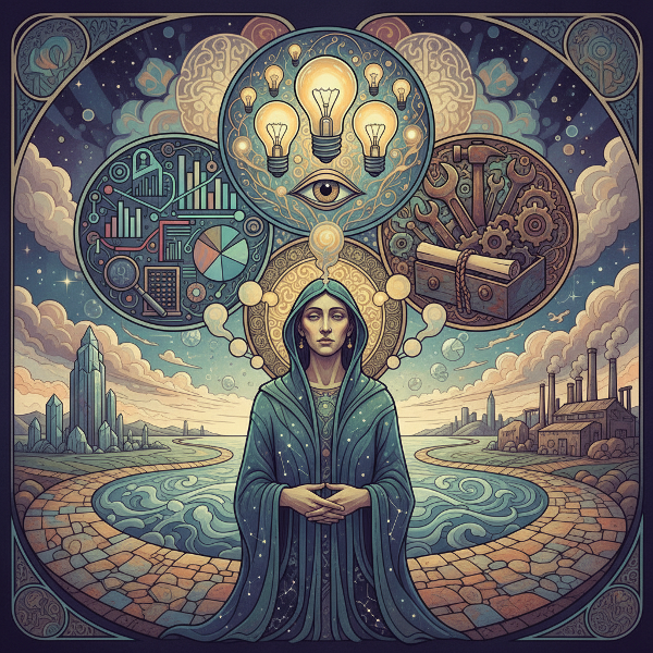 En person ved et vejkryds med tankebobler, der viser forskellige problemløsningstilgange: analytiske diagrammer, intuitive pærer og pragmatiske værktøjer.