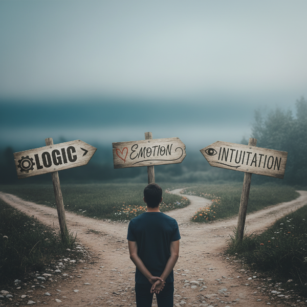 En person ved et vejkryds med flere stier, der repræsenterer forskellige beslutningsstile, i en atmosfære af usikkerhed.