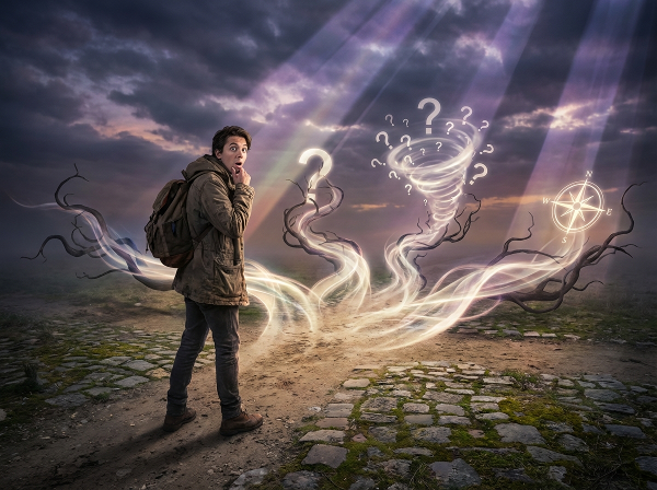 Et billede af en person, der står ved et vejkryds, hvor flere uventede veje pludselig dukker op, symbolsk for pludselige forandringer og valg.